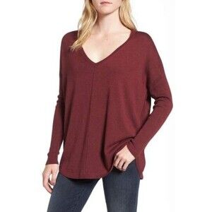 Trouve Women's V Neck Long Sleeve Sweater Everyday wear In Burgundy Size M